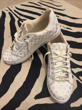 Designer inspired Women's White & Gold Monogram Sneakers